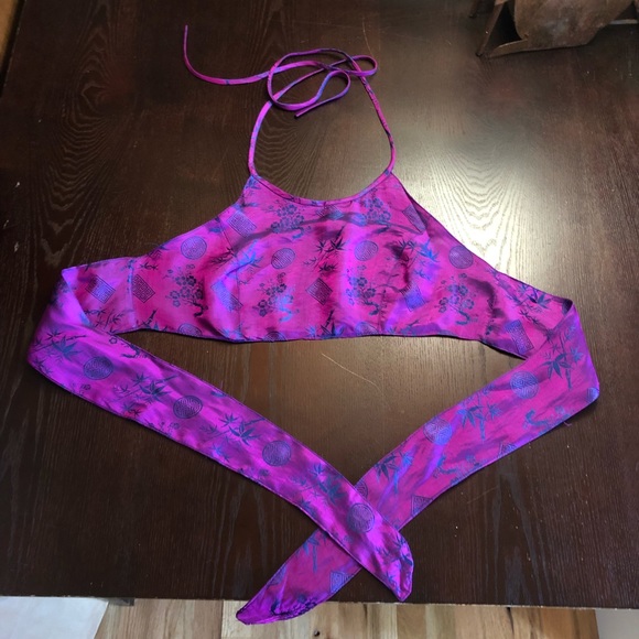 100% Silk Iridescent Halter Top Purple Blue Asian Print Belly Dance Boho - Picture 2 of 9